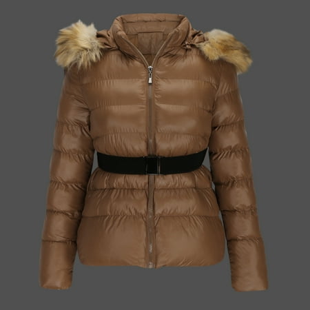 Fartey Belted Puffer Coats for Women Short Quilted Jackets Faux Fur Trim Hood Long Sleeve Zip Padded Down Coats Fall Winter Warm Outerwear Coffee 2XL