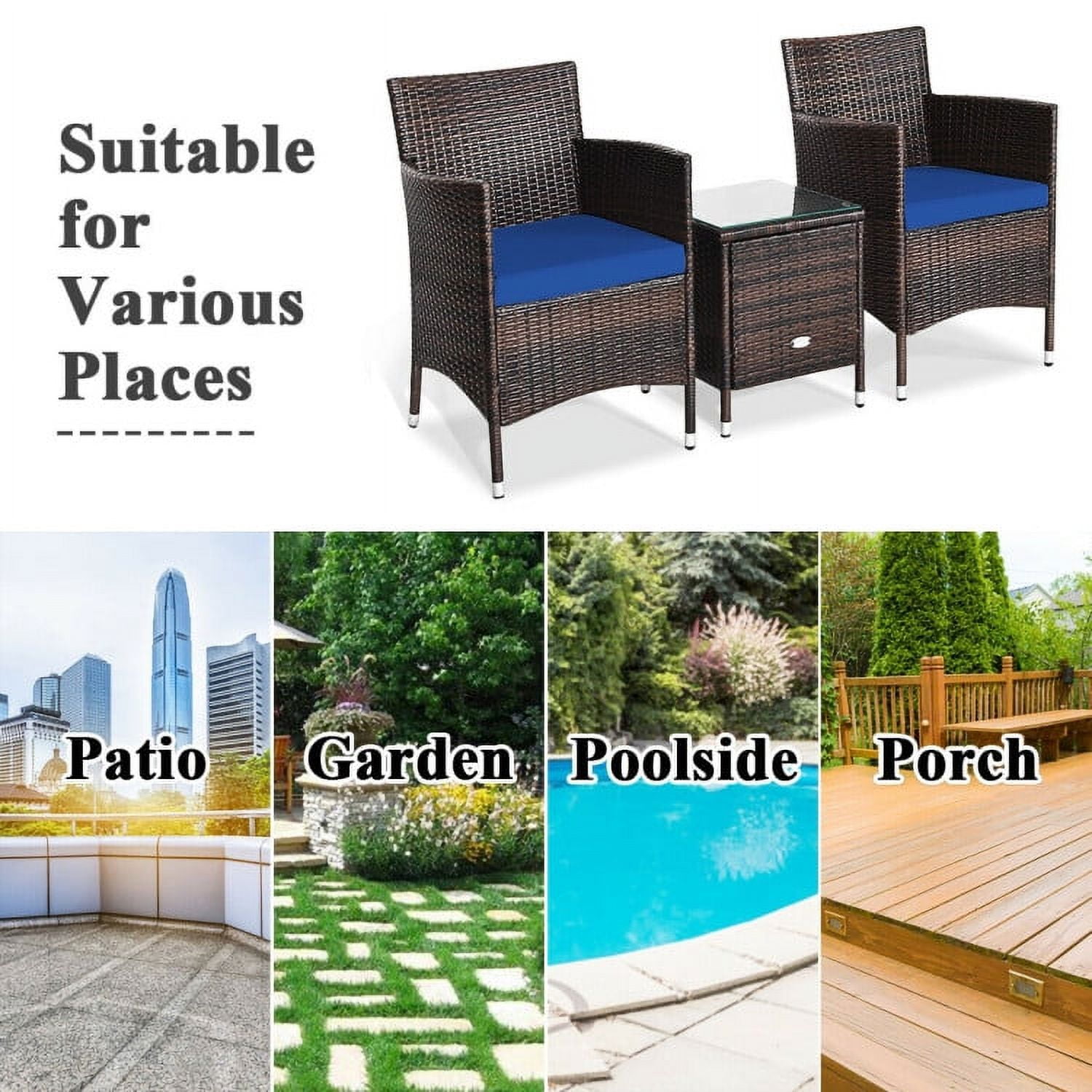 Aimee Lii 3 Piece Wicker Patio Furniture Set, Wicker Outdoor Sectional with Washable and Removable Cushion for Patio, Navy