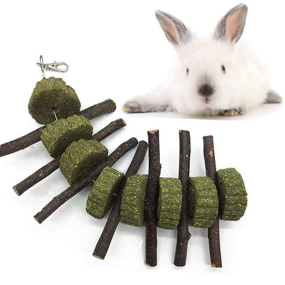 D-GROEE Bunny Rabbit Chew Toys- Natural Apple Branch Chewing Sticks with Grass Cake for Rabbits, Chinchillas, Guinea Pigs, Hamsters Teeth Chewing Playing Dental Health
