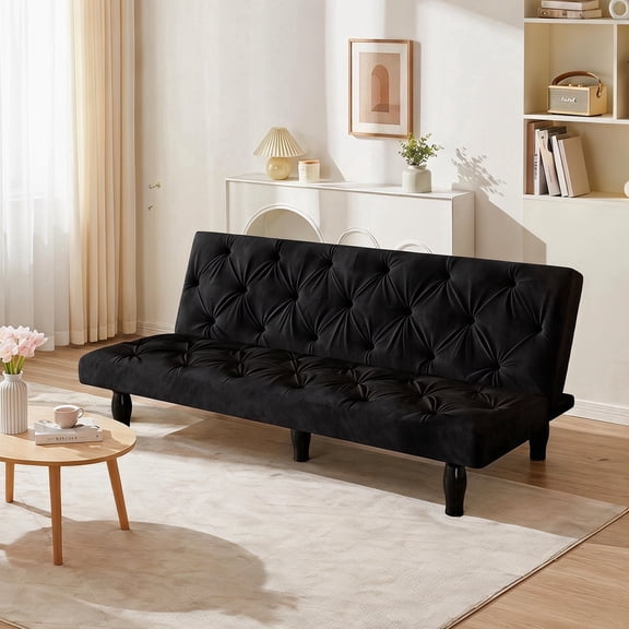 65.8 Inch Modern Velvet Convertible Futon Sofa Bed with Adjustable Backrest, Button-Tufted Armless 3-Seat Sleeper Couch for Living Room, Bedroom and Apartment