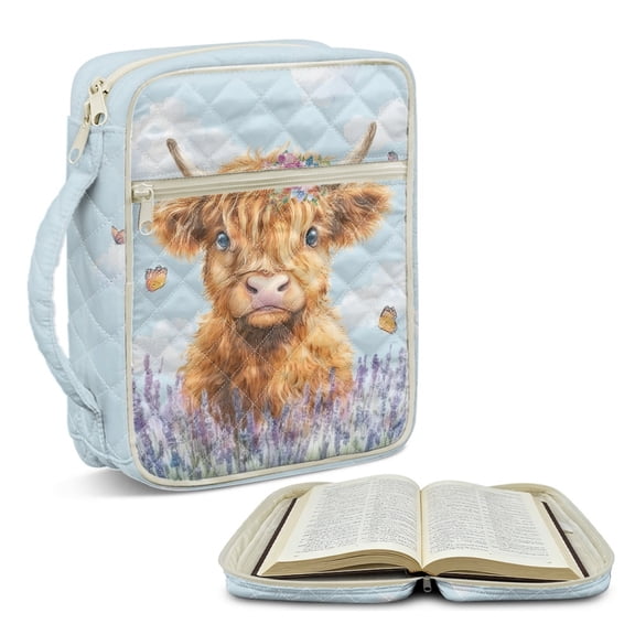 ZUXONGSY Highland Cow Lavender Print Bible Cover for Women Quilted Bible Carrying Case Large ChuZU Bag with Handle Christian Gift for Daily Use