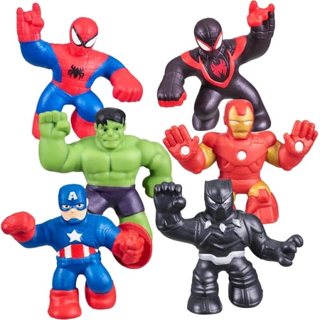 Heroes of Goo Jit Zu Marvel Mega Mini 6-Pack Super Stretchy & Squishy Mini Heroes Iron Man, Spider-Man, Captain America, Miles Morales, Hulk & Black Panther