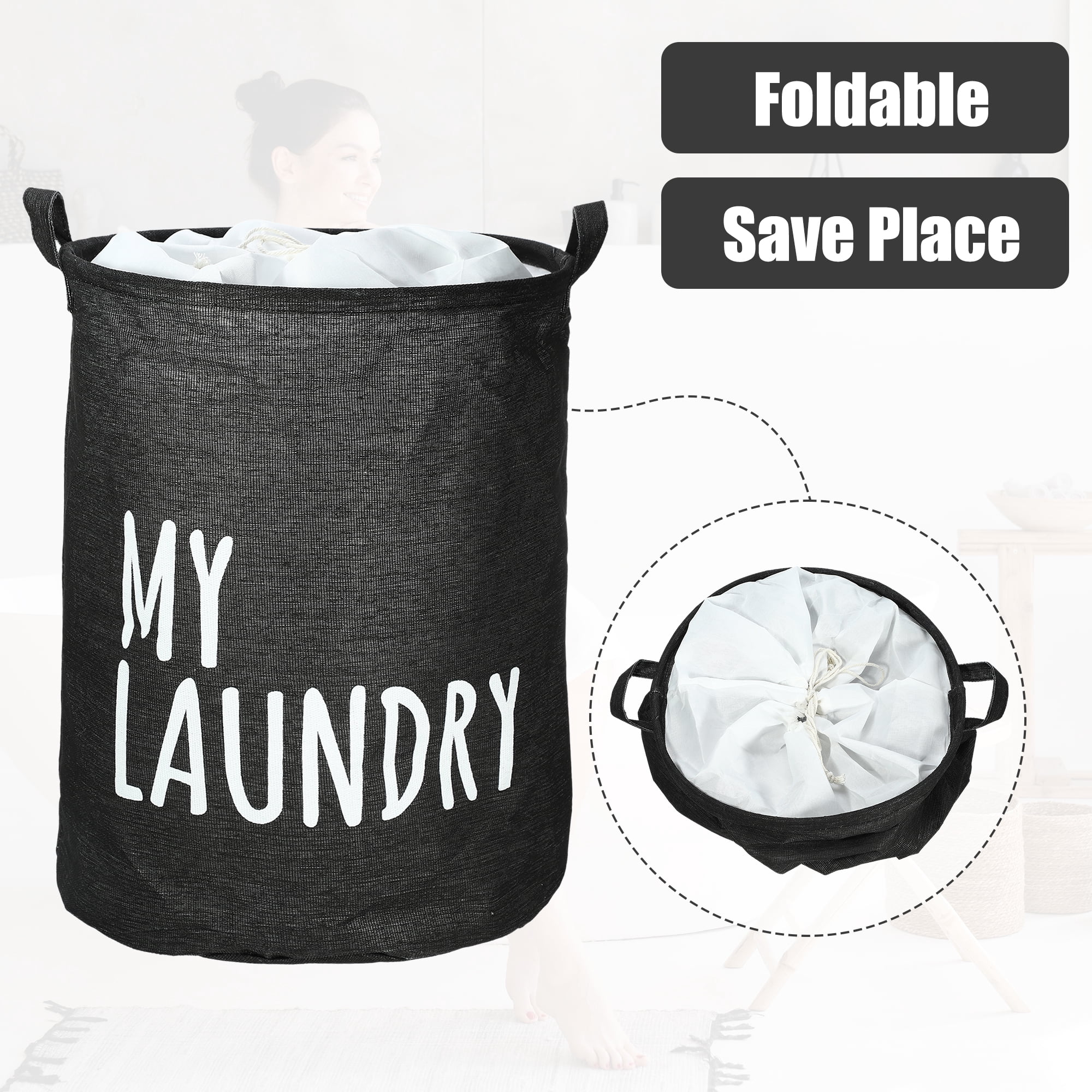 Unique Bargains Foldable Laundry Basket with Handle 1 Pc Black-15.75"x19.69"
