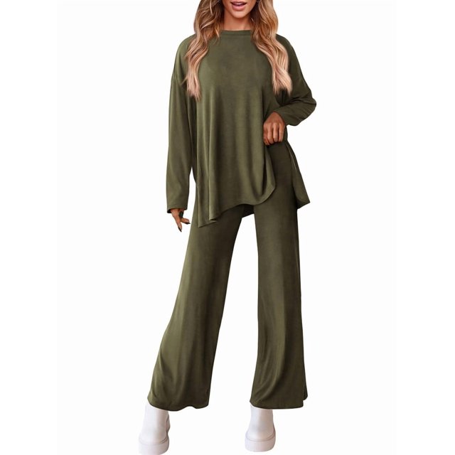 Conjuntos de Dos Piezas para Mujer, Camisetas de Larga A Juego, Pantalones Anchos y Chándales, Ropa de Otoño. Verde S