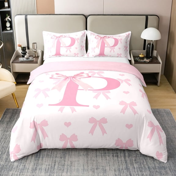 Initial Letter P Cotton Duvet Cover Twin Size,Princess Style Pink Bowknot Girly Romantic Bedding Set with 1 Pillow Sham,Dreamy Bow Love Hearts Kawaii Pink Comforter Cover(No Filler),2 Pcs