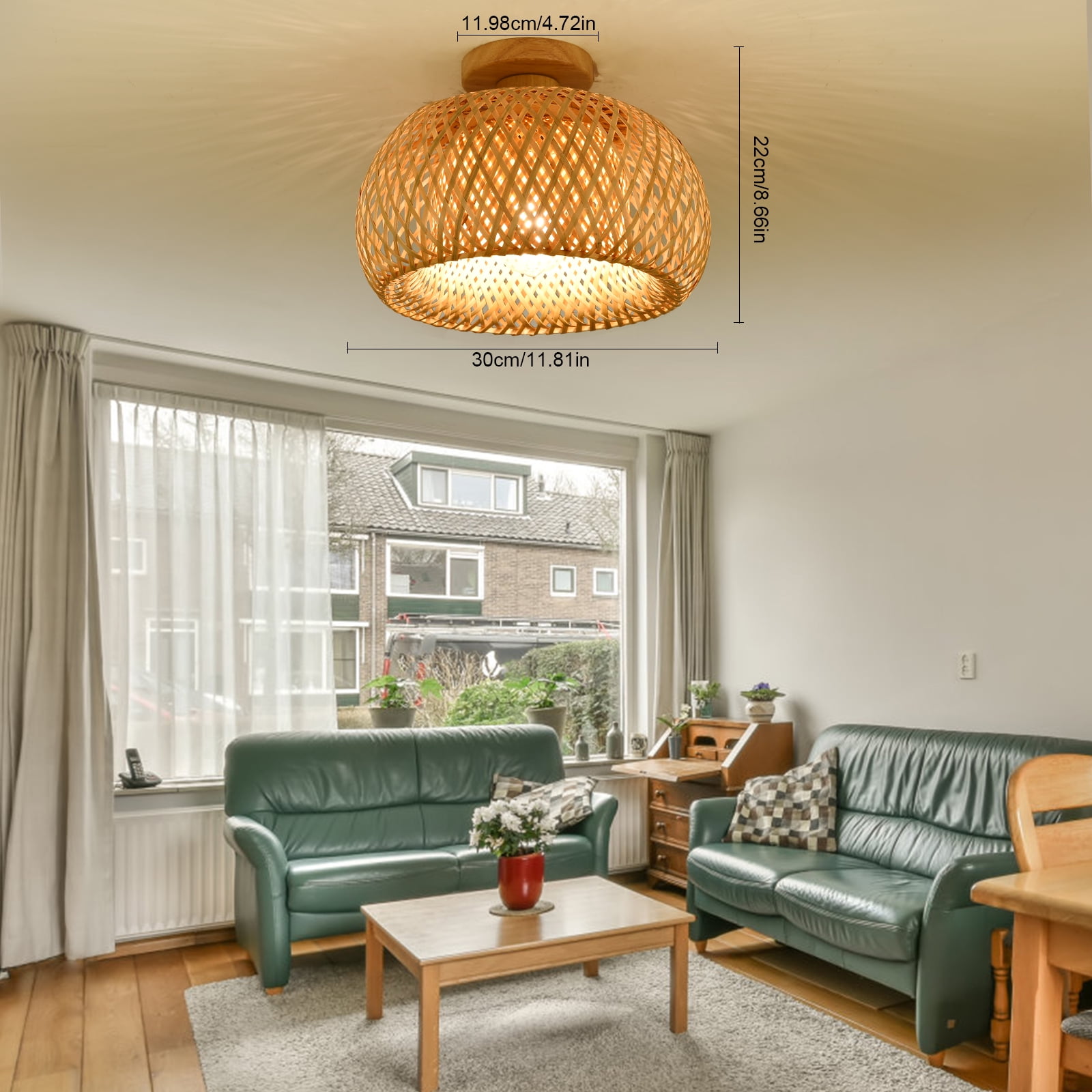 Wuzstar Bamboo Wicker Light Semi Flush Mount Ceiling Light Rattan Lampshade Ceiling Light Fixture for Hallway Dining Room