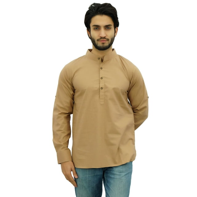 Atasi Kurta Court Ethnique pour Homme Brun Pâle Col Mandarin Chemise en Coton-TG