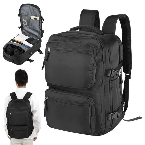 Portable Travel Backpack with USB Charging Port, 17.7 x 12.6 x 7.1 in Black Polyester Water-Proof Smart Laptop Pack with Multi-layer Compartment and 15.6 in Laptop Sleeve for Travel, Trips