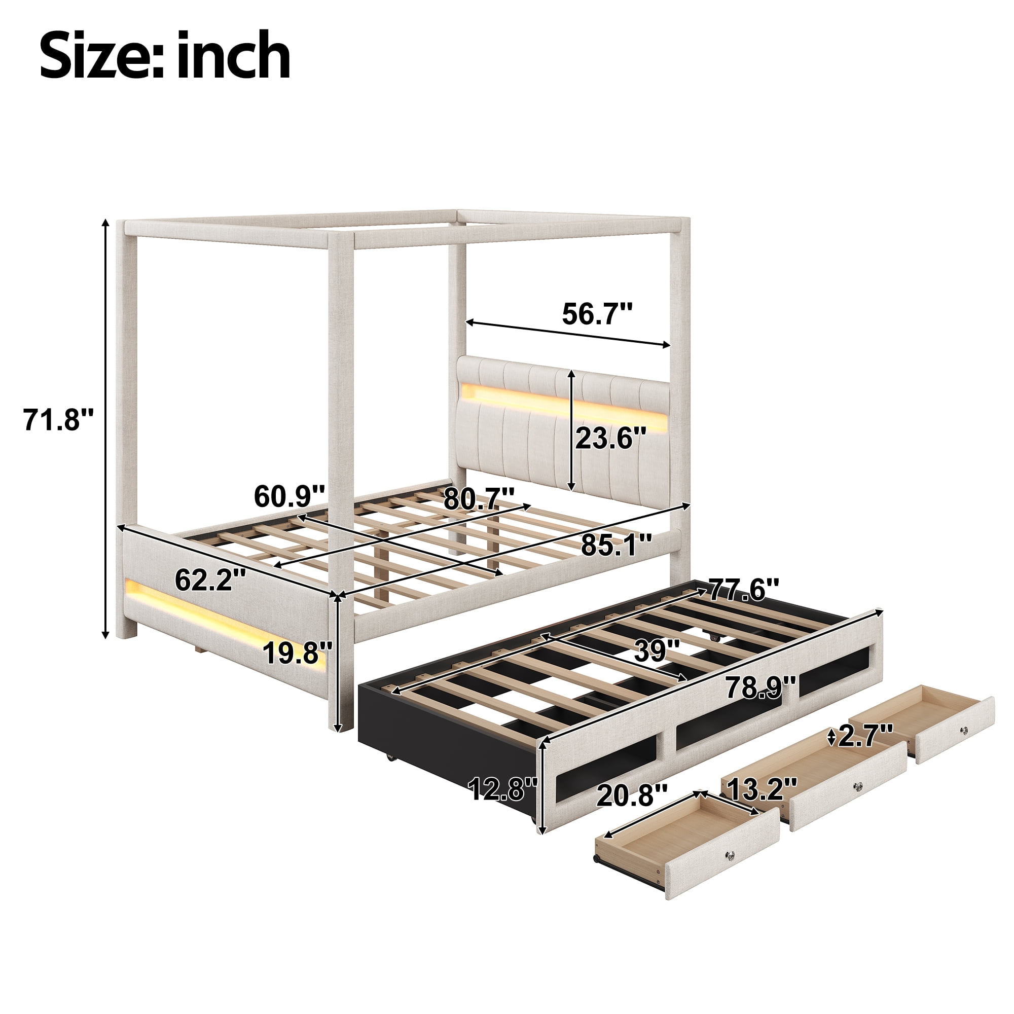 Queen Size Upholstered Canopy Platform Bed with Twin Trundle, 3 Storage Drawers and LED Lights