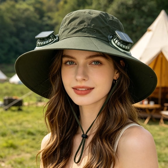 Roiihwy Hat with Fans Solar Power, Wide Brim Sun Cap with 2 Solar Sun Protection Fans, Solar Powered Fan Hat Camping Essentials, Army Green