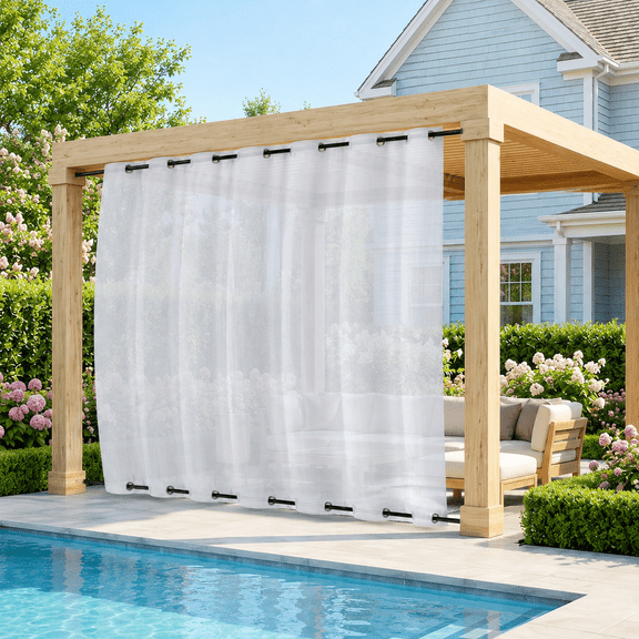 Qelus Outdoor Sheer Curtains for Patio Waterproof, 100in Wide Sheer Curtain Top & Bottom Grommet Windproof Outdoor Curtain for Porch Yard, 1 Panel, White