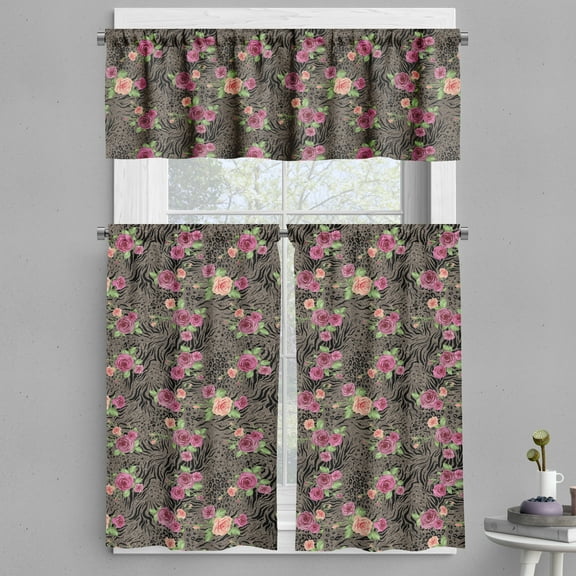Ambesonne Floral Valance & Curtain, Fair Beauty of the Roses, 55"x45", Taupe Pale Fuchsia Black