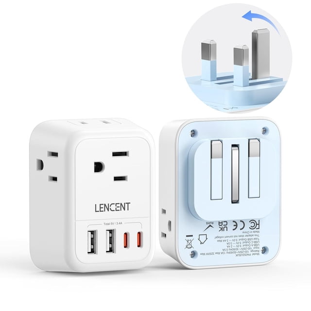 Adaptador de Viaje LENCENT Blanco con 4 Salidas CA y 4 Puertos USB para Reino Unido, Irlanda, Hong K