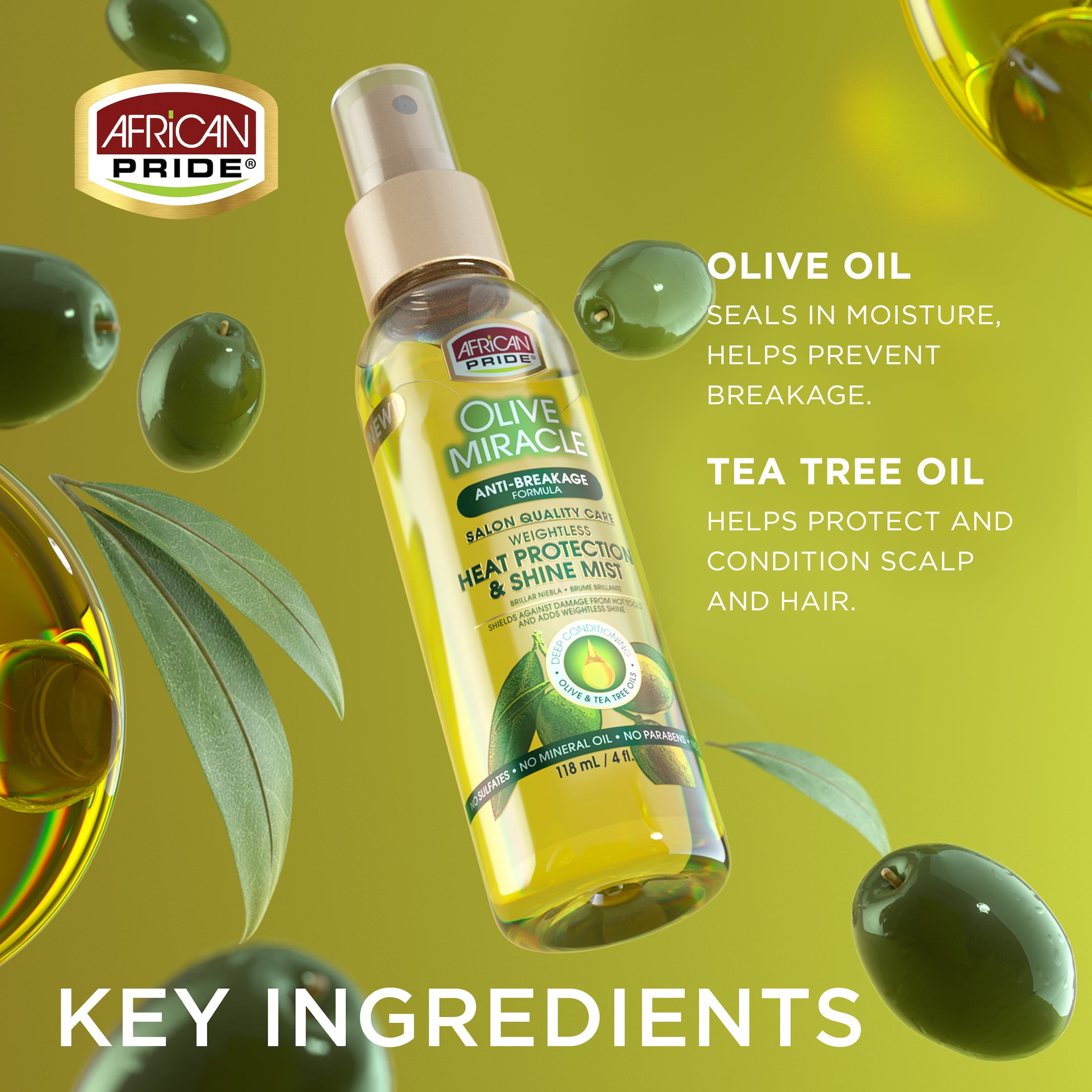 (2 pack) African Pride Olive Miracle Anti-Breakage Heat Protection Shine Mist Hair Spray, 4 fl oz, Female, All Hair