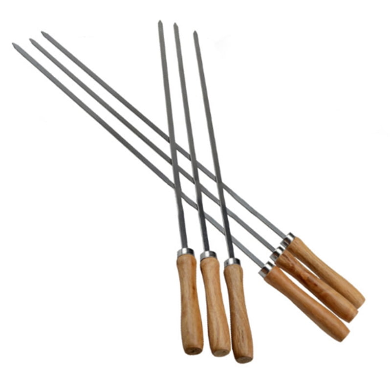 Kebab BBQ Stainless Steel Skewers with Wooden Handles Flat Reusable Metal Skewer Sticks with