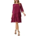 thumbnail image 1 of Vestido de gasa con volantes para mujer Inspire Chic, de capas, fluido, de manga 3/4, corte A, hasta la rodilla, color rojo vino, talla L, 1 of 6
