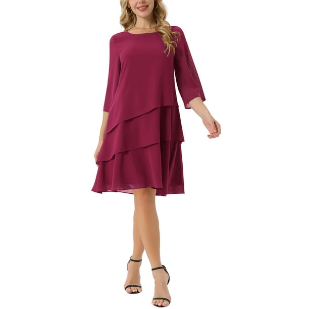 Vestido de gasa con volantes para mujer Inspire Chic, de capas, fluido, de manga 3/4, corte A, hasta la rodilla, color rojo vino, talla S