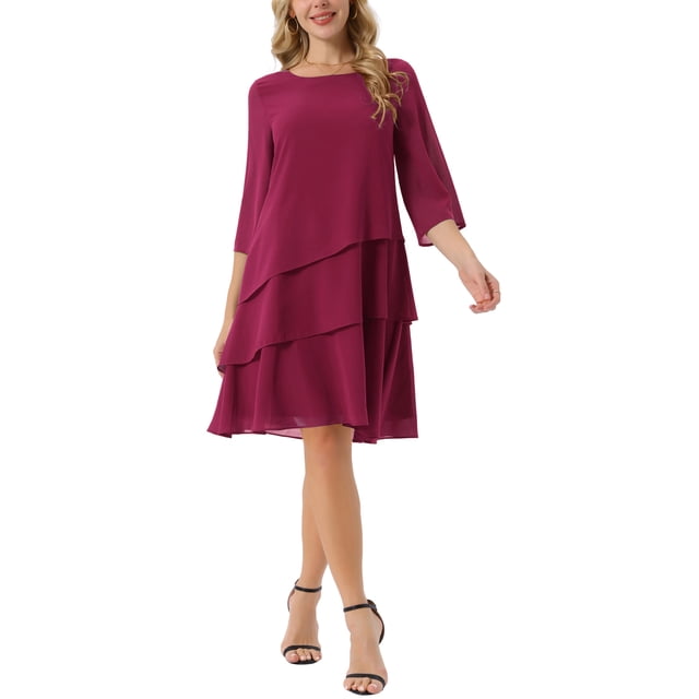 Vestido de gasa con volantes para mujer Inspire Chic, de capas, fluido, de manga 3/4, corte A, hasta la rodilla, color rojo vino, talla L
