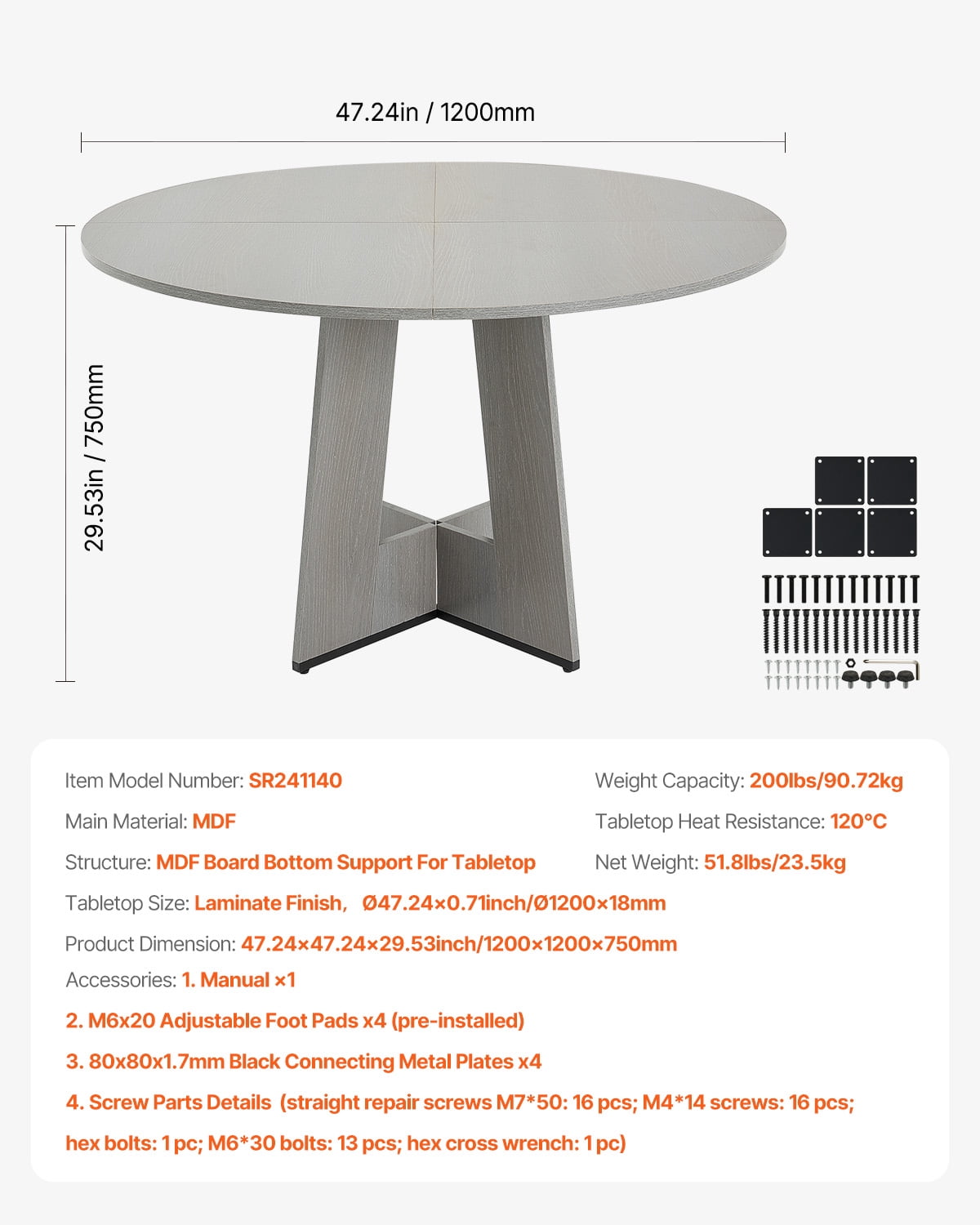VEVOR Round Dining Table, 47 inch Wood Table for 4-6 Person, Farmhouse Circle Dinner Furniture, Rustic Leisure Tables with Thick Wooden Legs, for Home Kitchen Living Room, Grey (Only Table)
