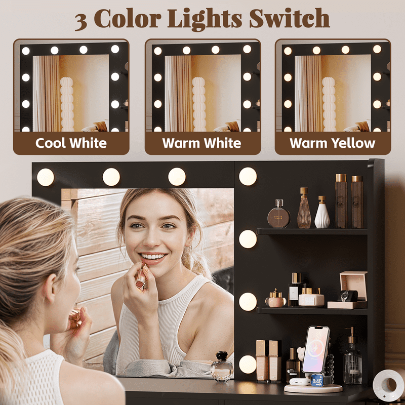 Homall Makeup Vanity Table with Lights, Mirror, Storage Cabinet, and Power Outlet for Bedroom and Dressing Room, Black