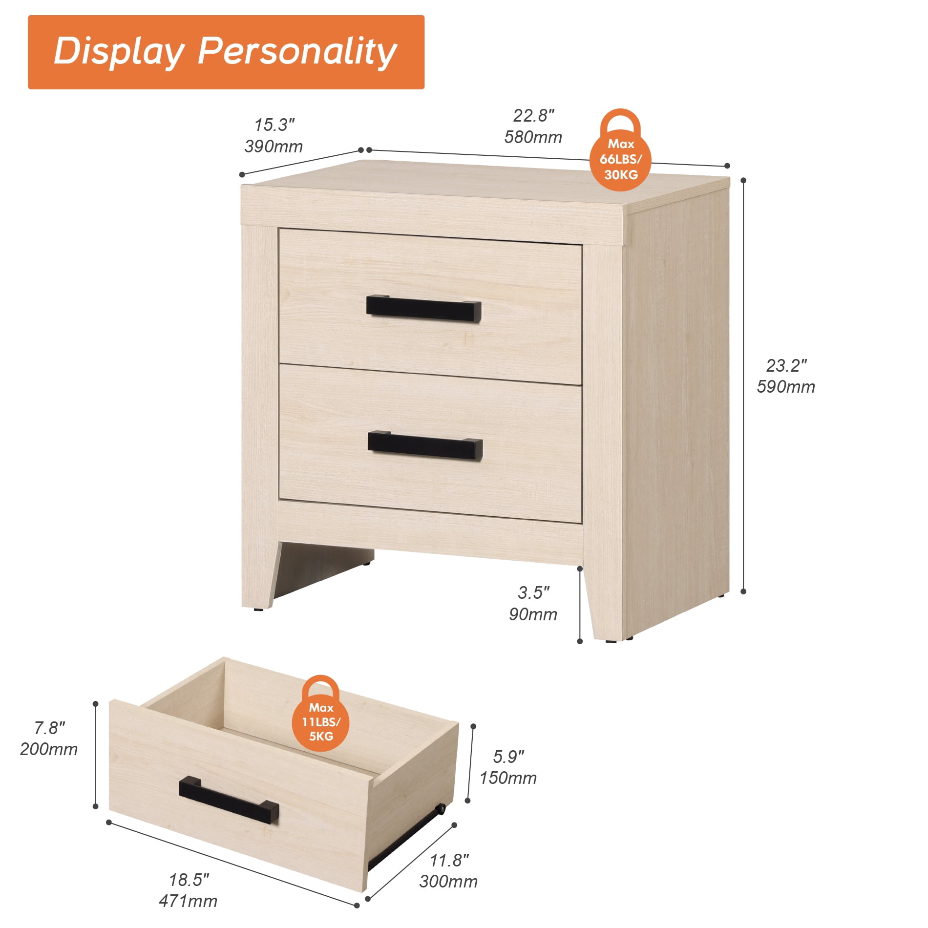 Farmhouse Rustic Wooden Nightstand With 2 Smooth‑Glide Storage Drawers,Solid‑Base Bedside End Table,Multi‑Purpose Accent Side Cabinet For Bedroom,Living‑Room,Beige