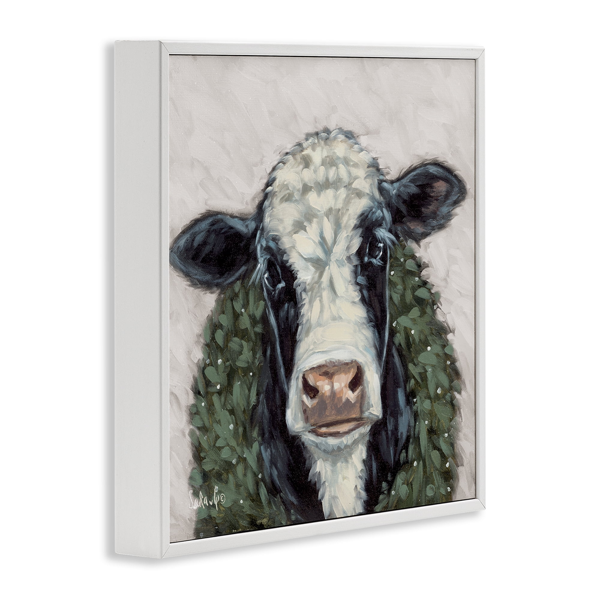 Stupell Industries Spotted Cow with Wreath Holiday Painting White Framed Art Prints Wall Art, 24 x 24