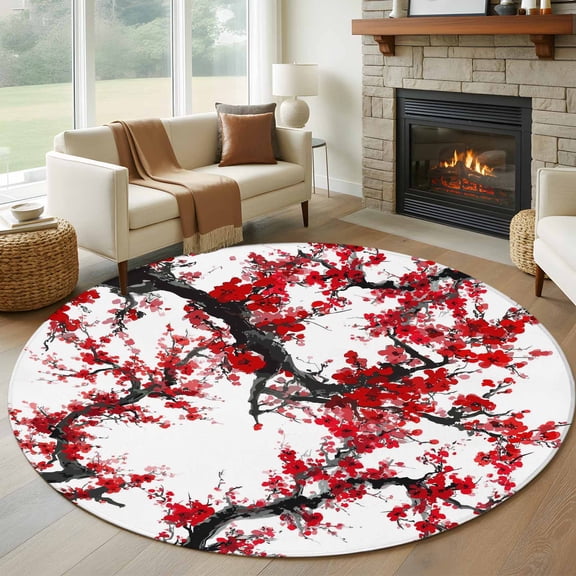 Red Plum Round Area Rug 6Ft Washable Circle Rugs for Bathroom Office, Nature Flowers Branches Chinese Painting Non-Slip Carpet Floor Mats Indoor Outdoor Carpet Runner Aesthetic Home Decor