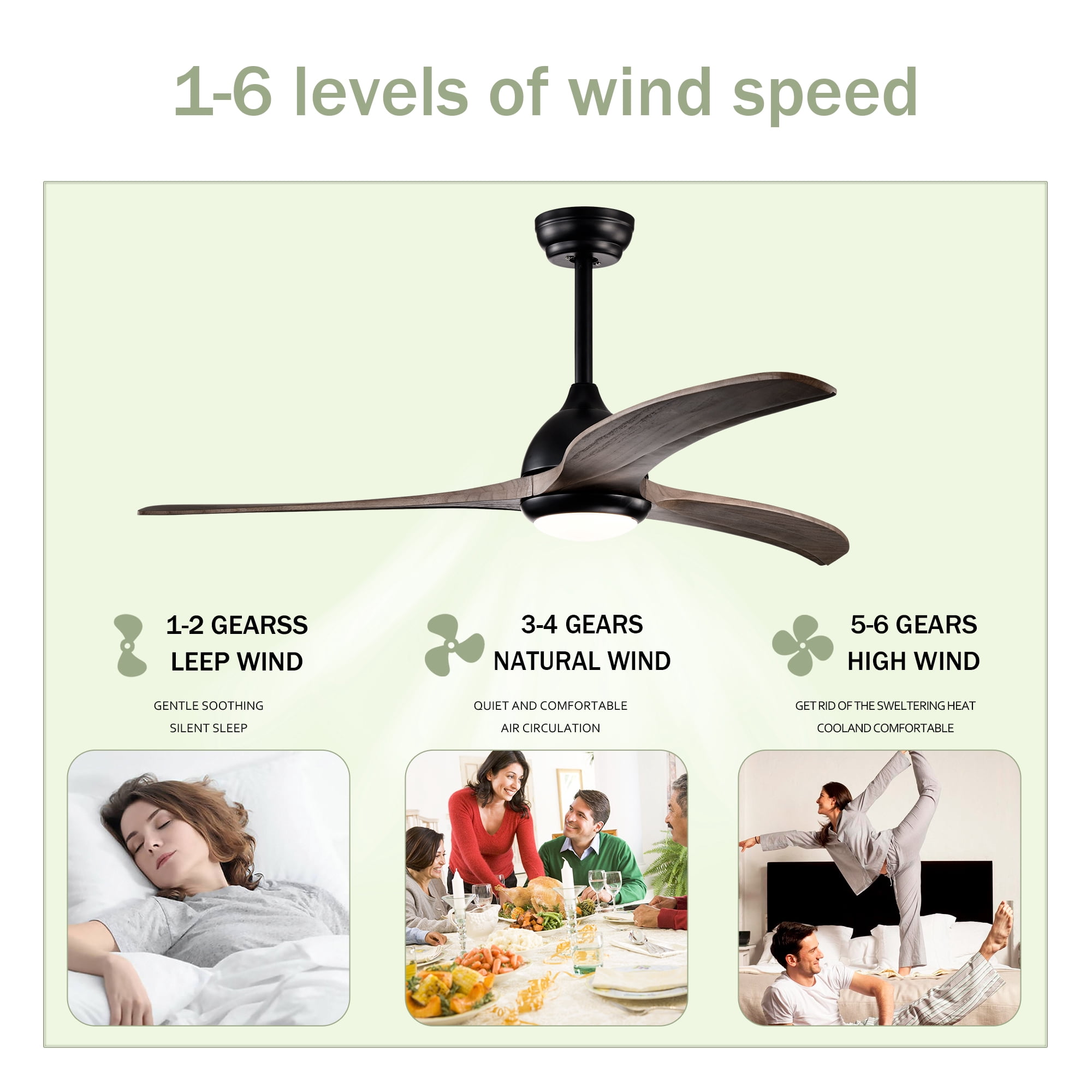 Leumius 52" Solid Wood Blades Ceiling Fan with Light and Remote Control, Noiseless Reversible Motor, 6 Speed for Patio Living Room Bedroom Office Black