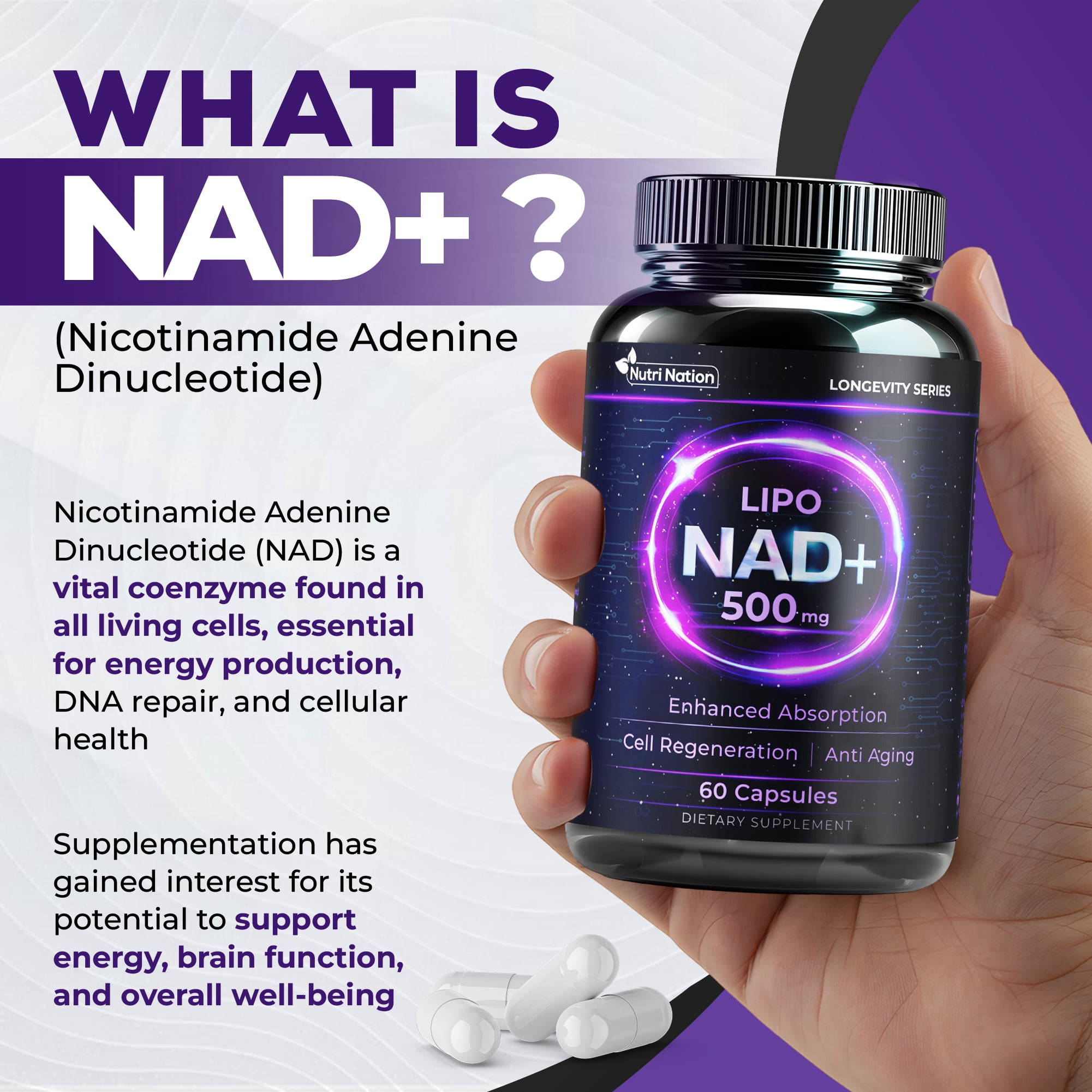 Nutri Nation Liposomal NAD 500mg Supplement 120 Capsules, Nicotinamide Adenine Dinucleotide, for Anti Aging and Cell Regeneration, 2 Bottles, Made in USA