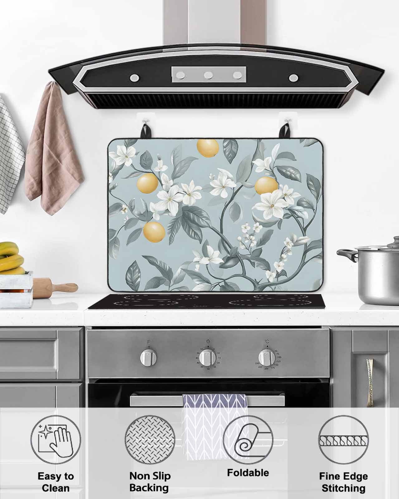 nqOlkjepod Large Induction Cooktop Protector Mat 24"x21", Lemon Leaves Stove Top Covers for Electric Stove, Garden Floral Branch Leaf Summer Fruit Stove Burner Cover Mats, Glass Top Stove Cover