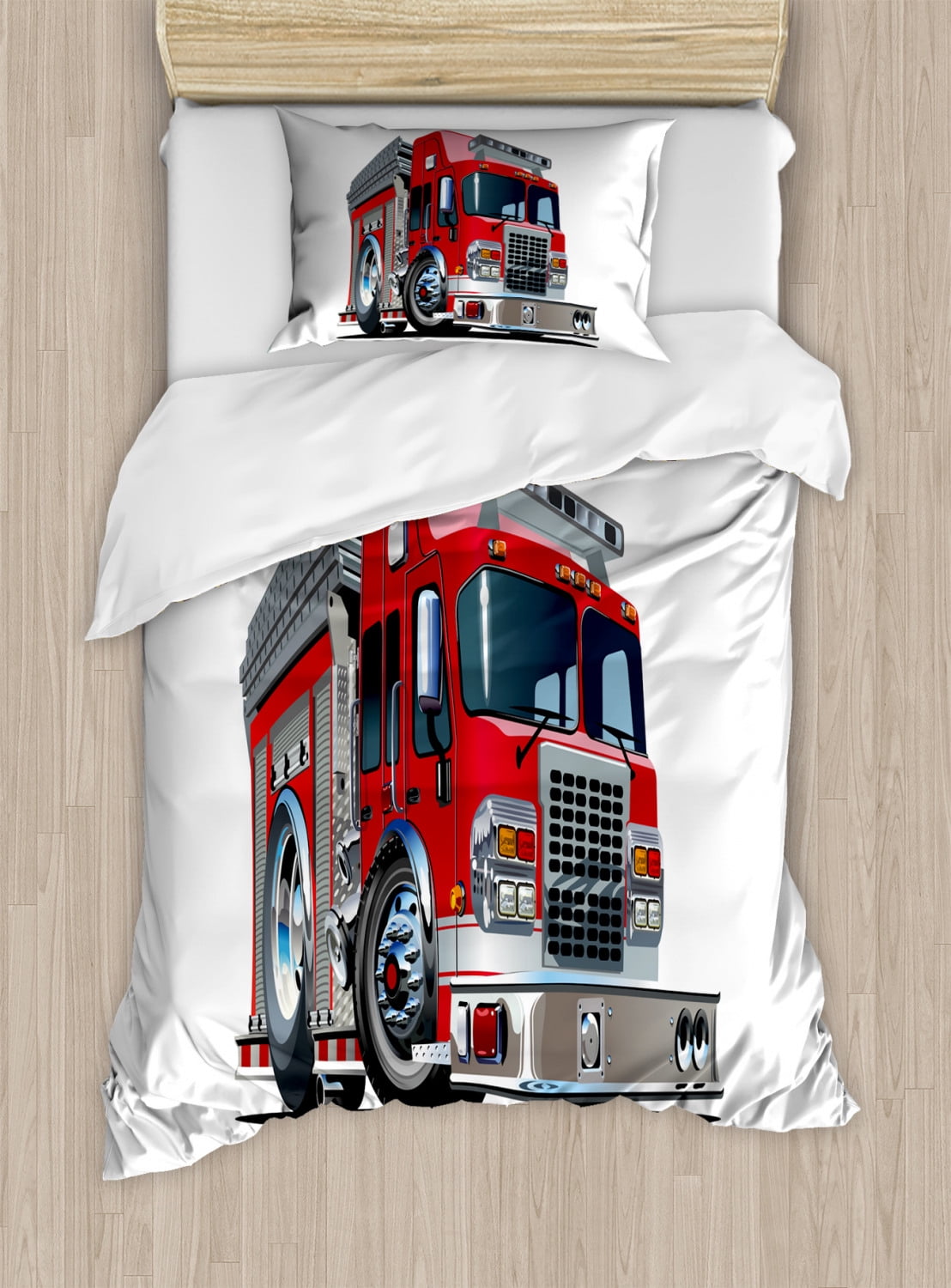 Truck Twin Size Duvet Cover Set, Cartoon Style Red Fire Truck Emergency