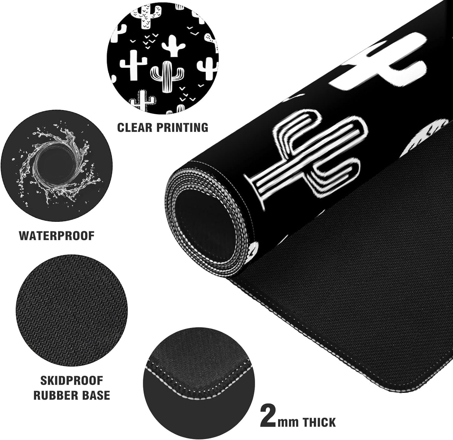 Black and White Western Cactus Desk Mat, Desk Accessory, Cute Workspace, Trendy Workspace, Trendy, 35.4x15.7in Large Gaming Mouse Pad, Cute Desk Topper, Pretty Desk Pad