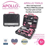 Apollo Tools USB-charged 135 Piece Pink Household Tool Set with Pivoting Dual-Angle 3.6 Volt Lithium-Ion Cordless Screwdriver in Hard Case - DT0774P
