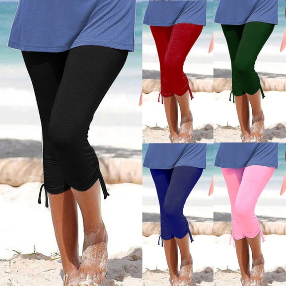 Aboser String Capri Leggings for Women Skinny Knee Length Capris Casual High Waisted Cropped Pants Solid Color Vacation Beach Leggings
