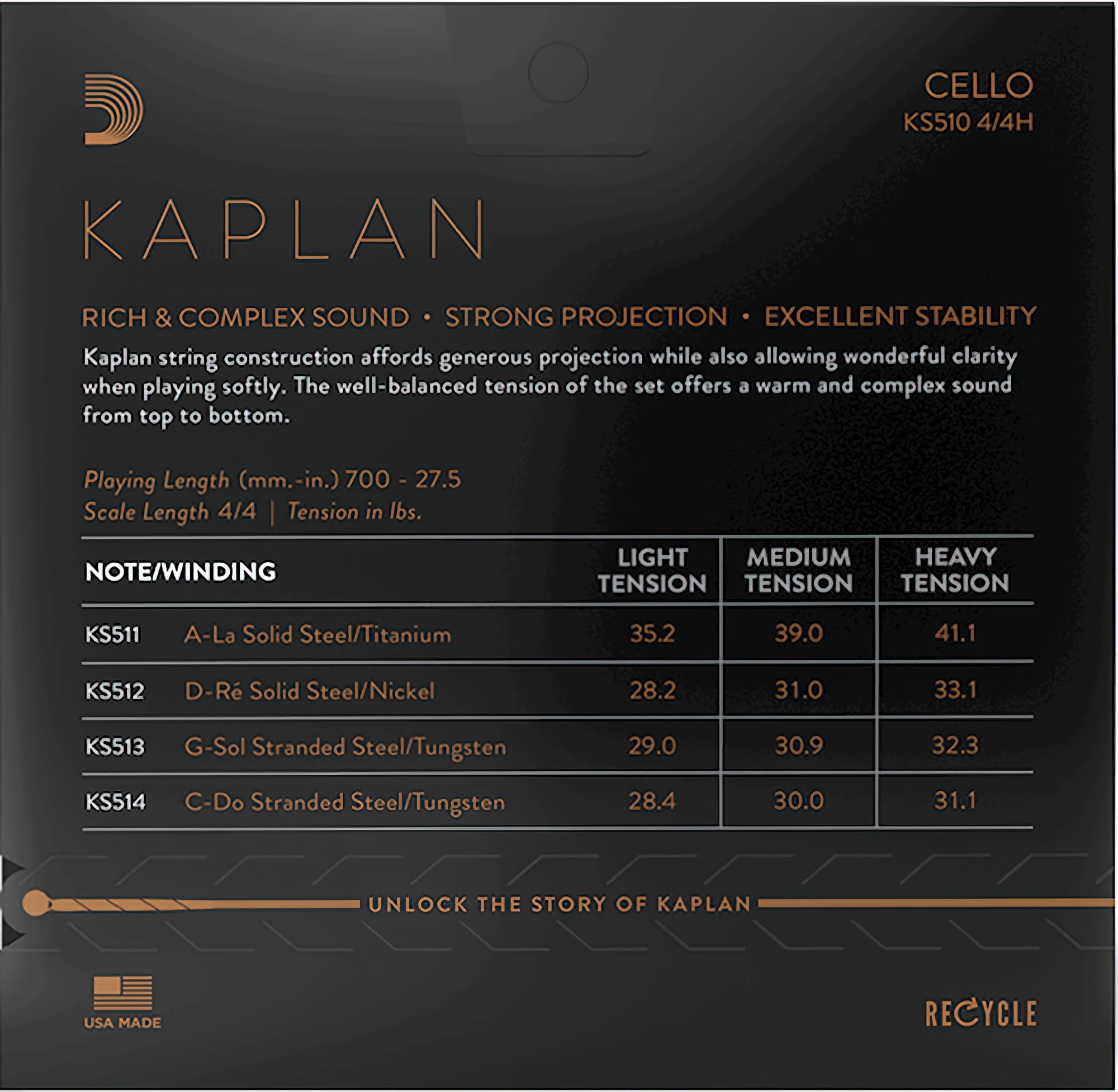 D'Addario Kaplan 4/4 Size Cello Strings 4/4 Size Heavy