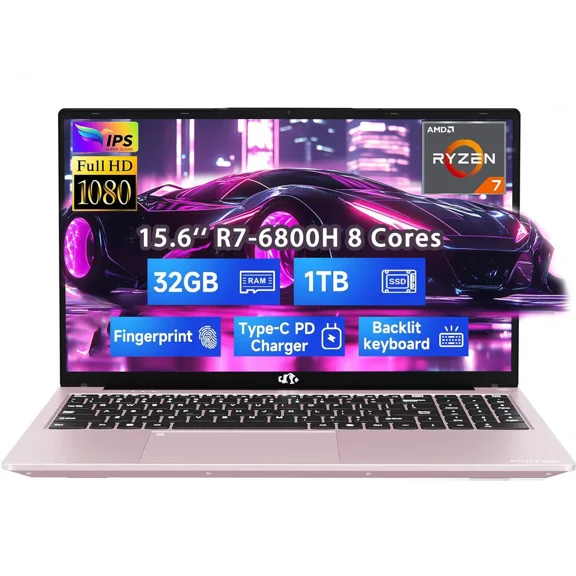 15.6" FHD Gaming Laptop Computer AMD Ryzen 7 6800H 8 Cores 32GB DDR5 RAM 1TB SSD (Up to 4.7GHz) AMD Radeon 680M GPU-Computer with 100W GaN Type-C Backlit Keyboard Fingerprint RoseGold