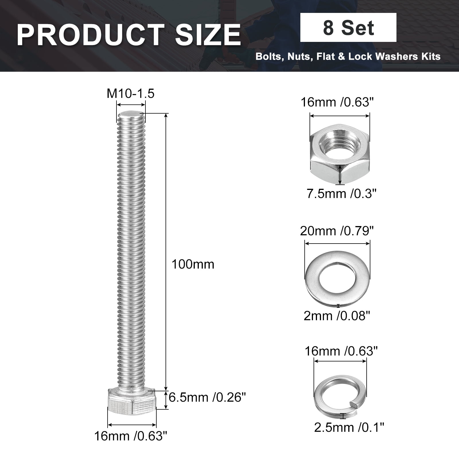 M10 x 110mm Hex Head Screws Bolts, Nuts, Flat & Lock Washers Kits, 304 Stainless Steel Fully Thread Hexagon Bolts 8 Sets