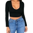 thumbnail image 1 of Tops recortados para mujer, camiseta de manga larga con cuello cuadrado, blusas sexis elegantes con escote pronunciado, blusa ajustada negra talla M, 1 of 5