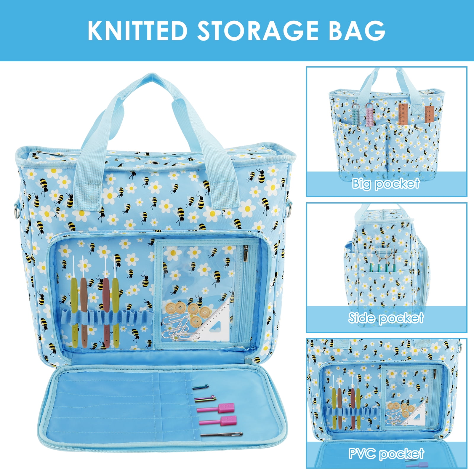 Extra Large Capacity Yarn Storage Bag Oxford Cloth Cross Stitch Bag with Shoulder Strap Knitting Bag Portable Crochet Travel Bag for Yarn Balls Crochet Hooks Knitting Needles