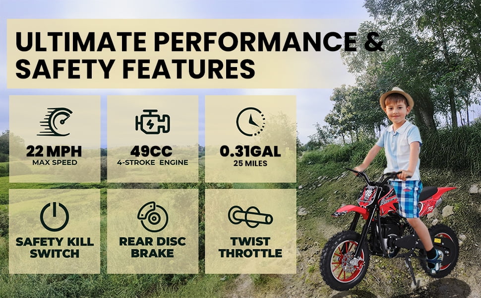 Dapmiu Safe Kids Off-Road Motorcycle 49CC - 4-Stroke Engine with Shock Absorption, 10" Tires & Aluminum Rims for Stability Red