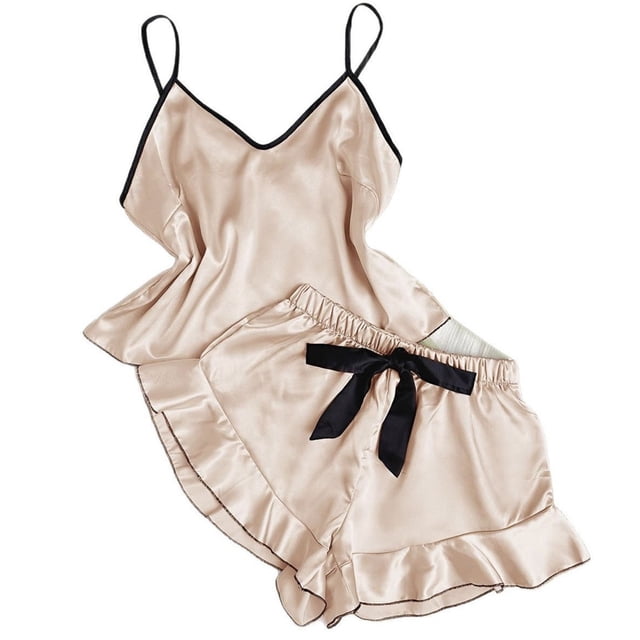 Wensltd Pyjama Uni pour Femmes Coupe Ajustée Col en V Sans Manches Blouse et Short Tenue de Nuit Décontractée