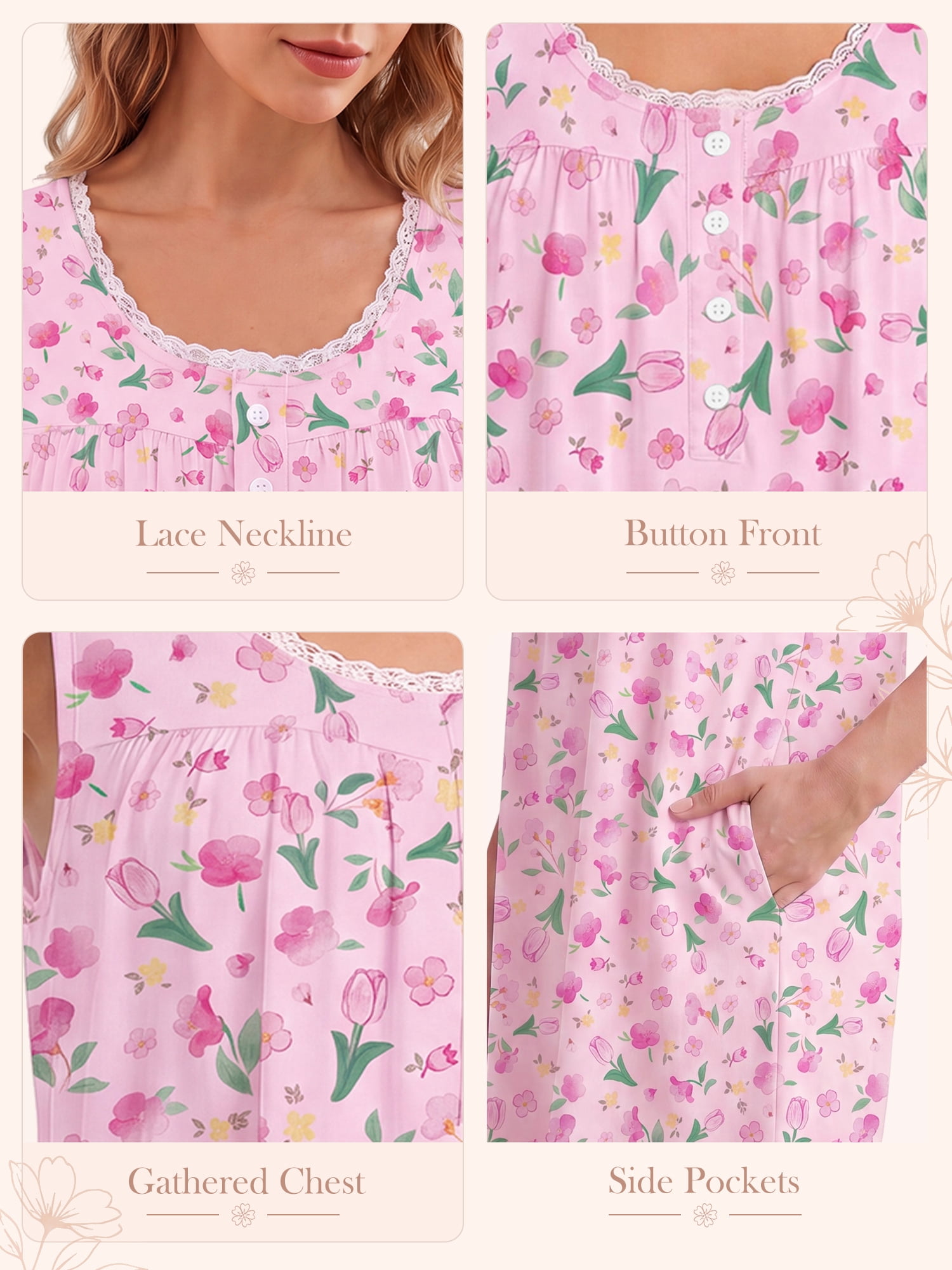 DAKIMOE Cotton Nightgowns for Women Seeveless Tank Night Gowns Lace Button Soft Print Sleep ShirtsSleep Dress House Dress with Pockets S-3XL, Floral Pink