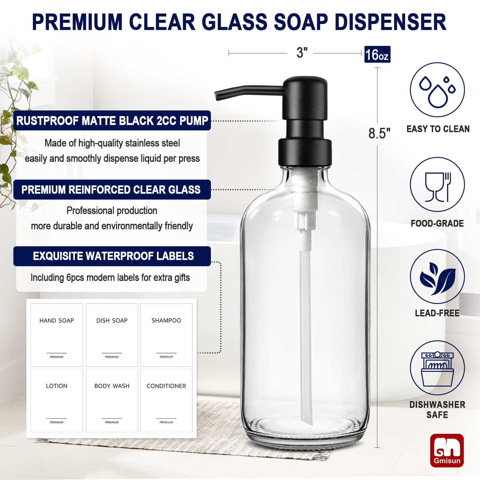 GM GMISUN Glass Soap Dispenser, Clear Hand and Dish Soap Dispenser Set with Labels - 2 Pack