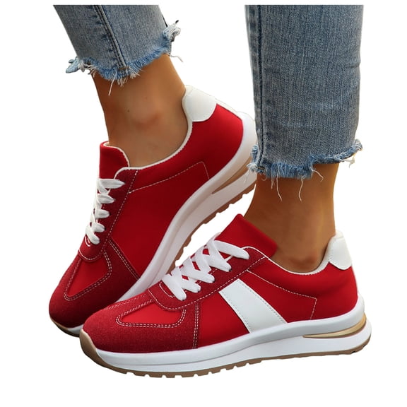 Rokment Women's Platform Wedge Fashion Sneakers Running Shoes Trendy Casual Color Block Suede Lace up Height Increasing Chunky Walking Canvas Shoes with Memory Foam Sole Red Size 6.5