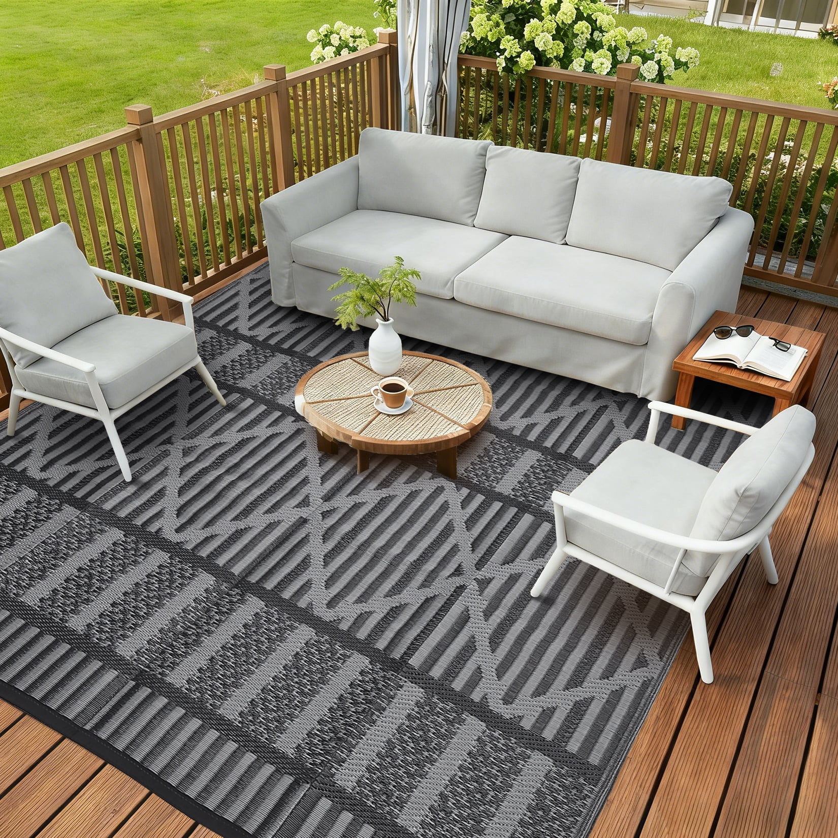 HIWEAVER 9' x 18' Gray/Black Outdoor Rug PP Plastic Straw Woven Waterproof Patio Rug with Border Portable Outside Carpet for Balcony Deck Picnic Garden Decor
