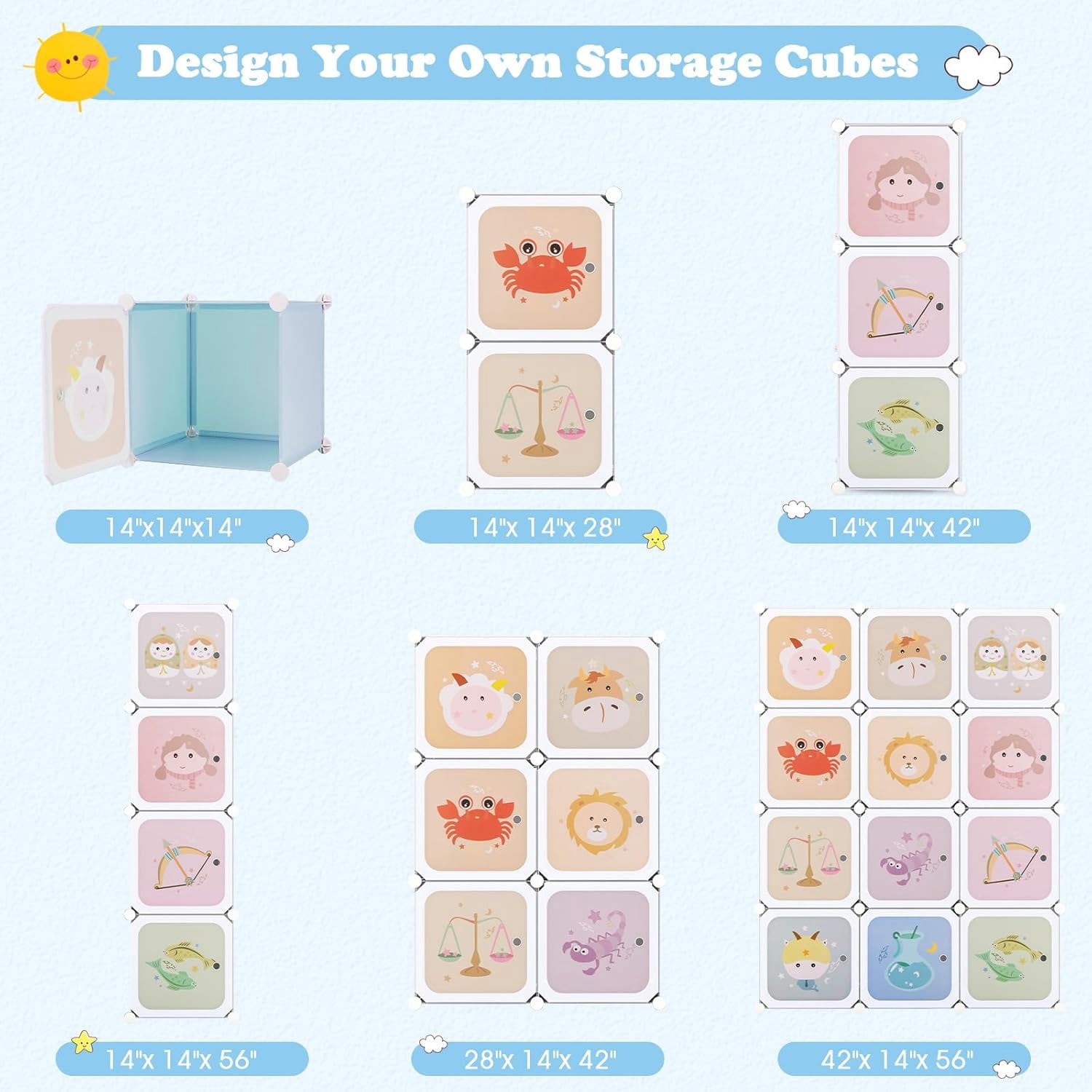 OLAKIDS Children Wardrobe, Kid Closet Portable Baby Dresser Cute for Kids Bedroom Nursery Armoire with Doors 12 Cube 2 Hanging Sections, Kid Clothes Storage Organizer