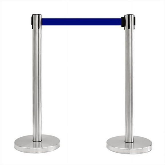 VIP Crowd Control 1014 12 inch Flat Base Satin Stainless Post Retractable Belt Stanchion - 6. 5 ft.  Dark Blue belt, Pack