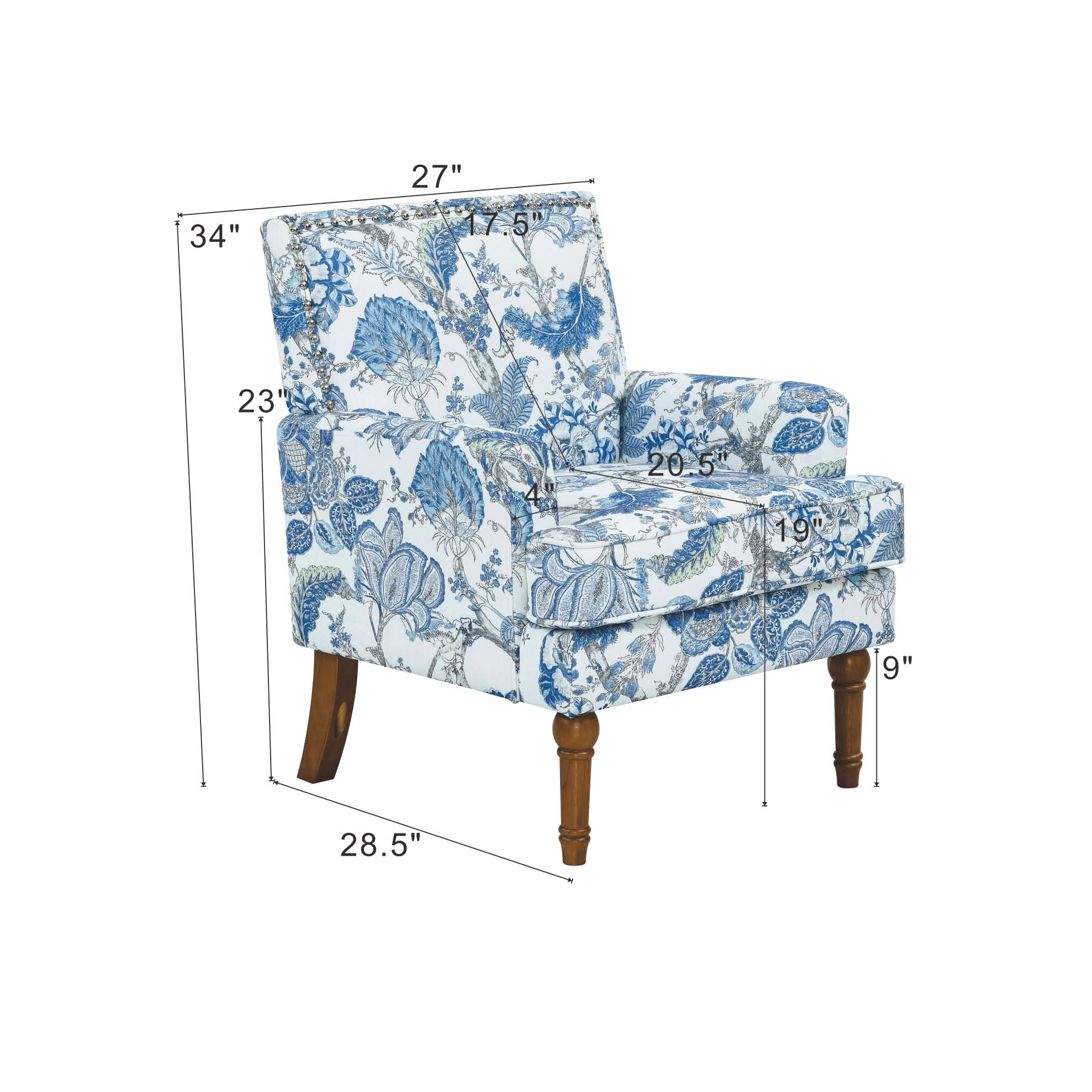 MAYEERTY 29 In Floral Accent Armchair, Farmhouse Upholstered, Nailhead Trim, Wood Legs, Blue