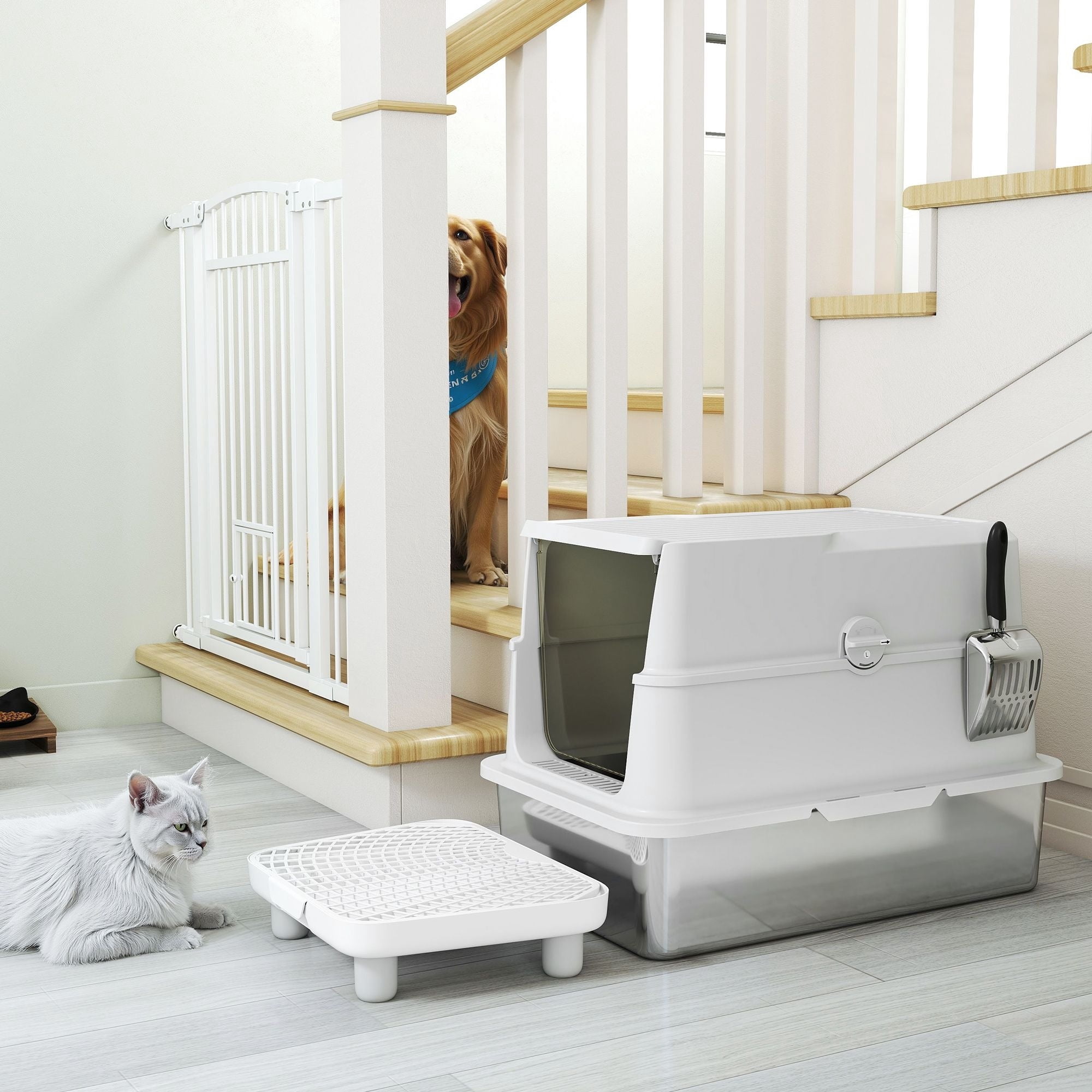 Dranite XL Stainless Steel Litter Box, Flip Cover, High Sides, Scoop
