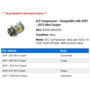 A/C Compressor - Compatible with 2007 - 2015 Mini Cooper 2008 2009 2010 2011 2012 2013 2014